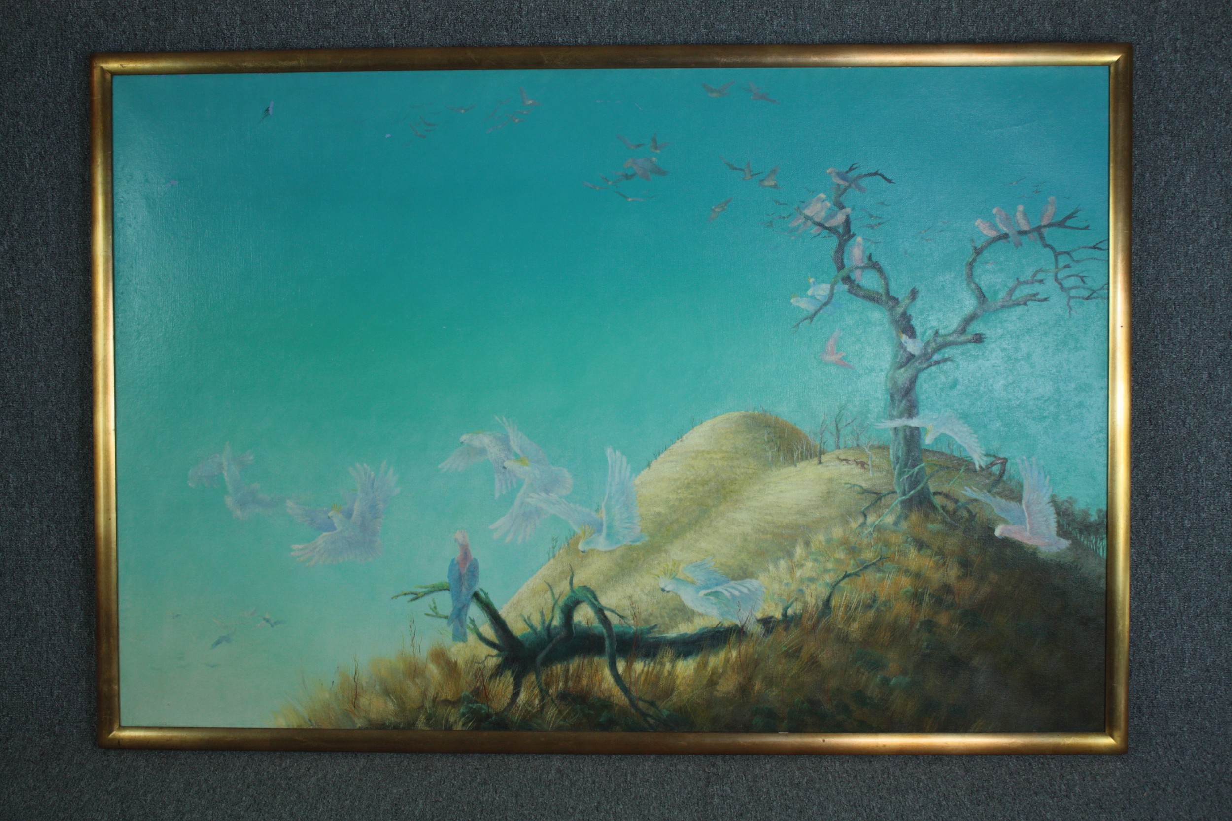 A large oil painting on canvas. Cockatoos and Galahs in Australian landscape. Unsigned. - Image 2 of 3