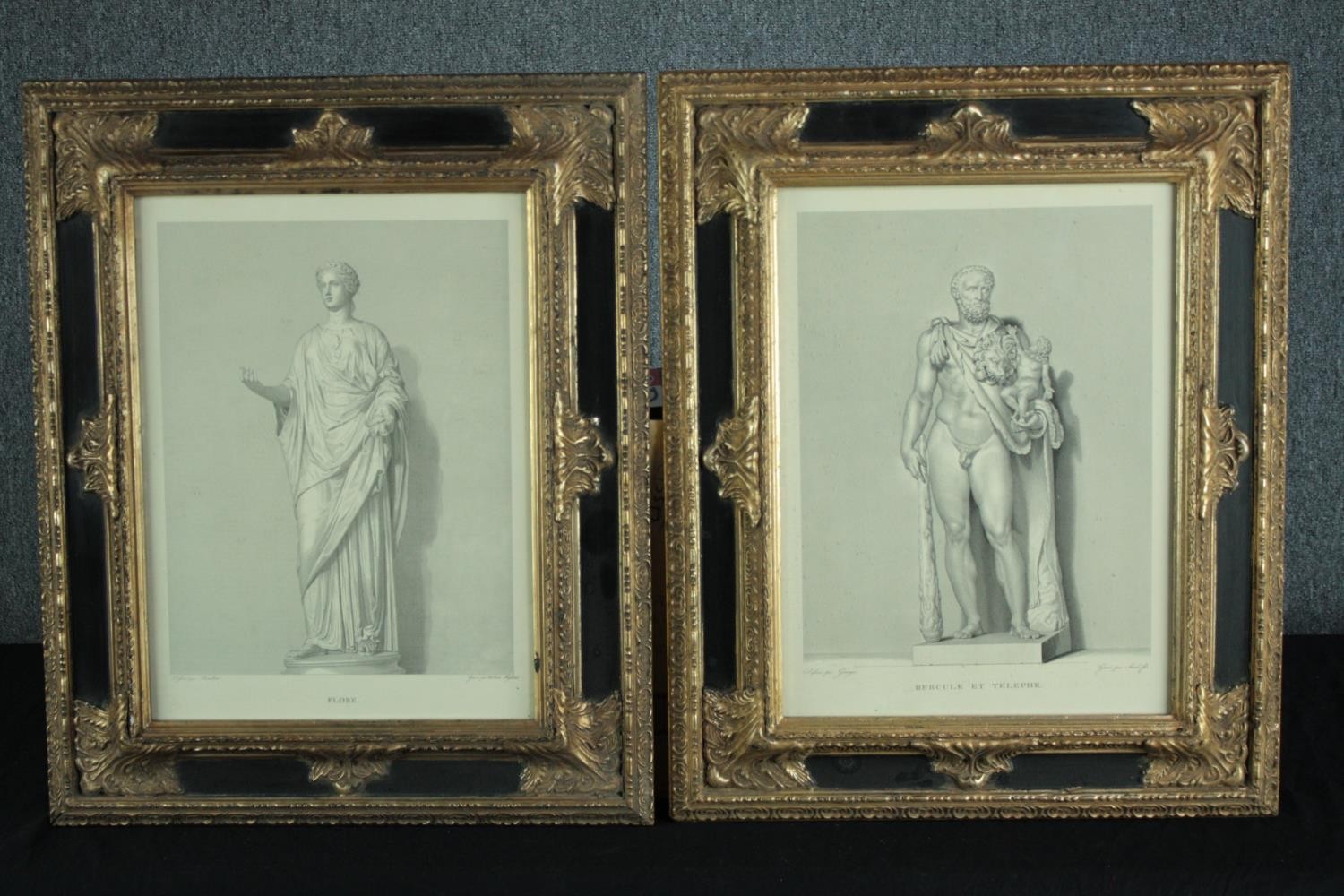 A pair of nineteenth century classical engravings in decorative modern frames finished in gilt. H.57