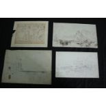 Four nineteenth century drawings. Ink and pencil on paper. Landscapes but also includes a picture of