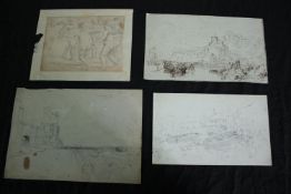 Four nineteenth century drawings. Ink and pencil on paper. Landscapes but also includes a picture of