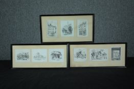 A mix of ink on paper sketches and prints. Includes gentleman waiting for a stagecoach and