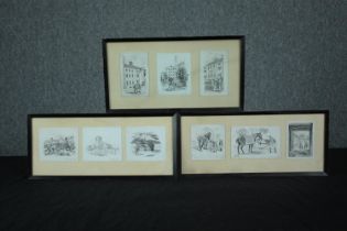 A mix of ink on paper sketches and prints. Includes gentleman waiting for a stagecoach and