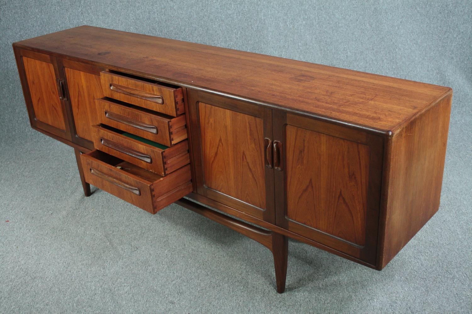 Sideboard, mid century teak by G-Plan with reinforced glass shelves. H.79 W.213 D.46cm. - Image 4 of 11