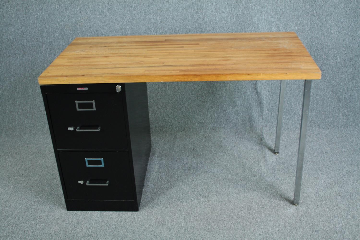 A vintage oak topped desk with filing cabinet pedestal and maker's label. H.75 W.122 D.61cm. - Image 2 of 6