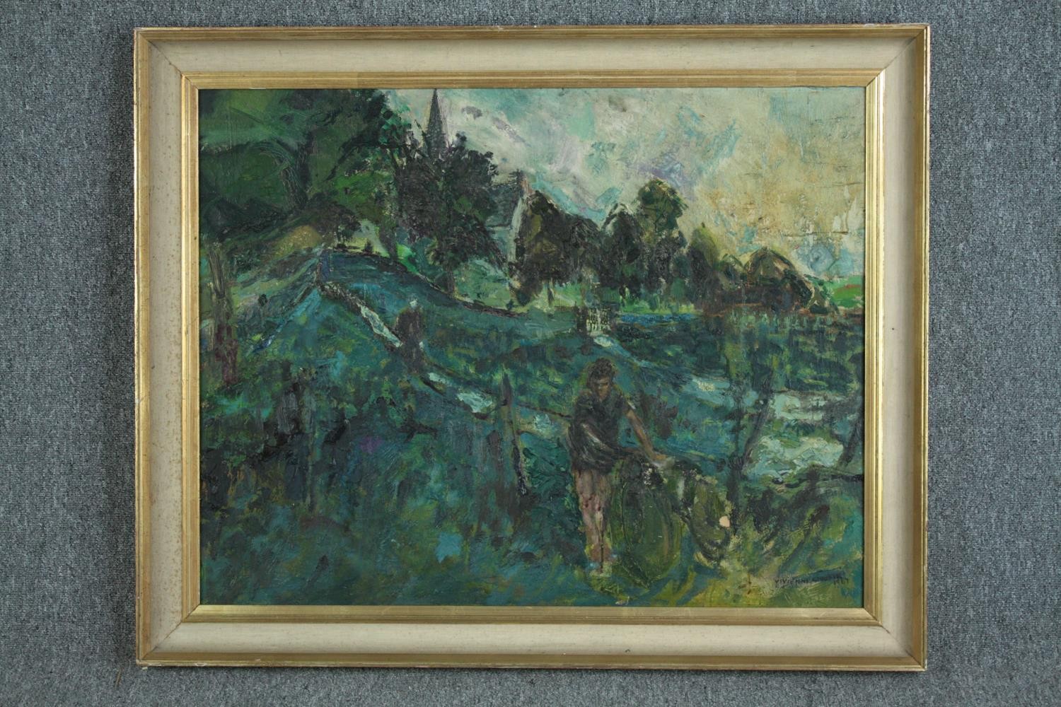 Vivienne Chaikin. Oil painting on board signed and dated 1967. Landscape with figure. A heavily - Image 2 of 4