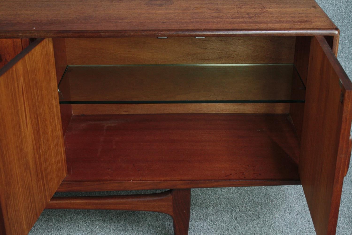 Sideboard, mid century teak by G-Plan with reinforced glass shelves. H.79 W.213 D.46cm. - Image 8 of 11