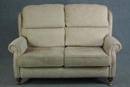 Sofa, contemporary two seater on 19th century style turned supports. H.110 W.160 D.90cm.