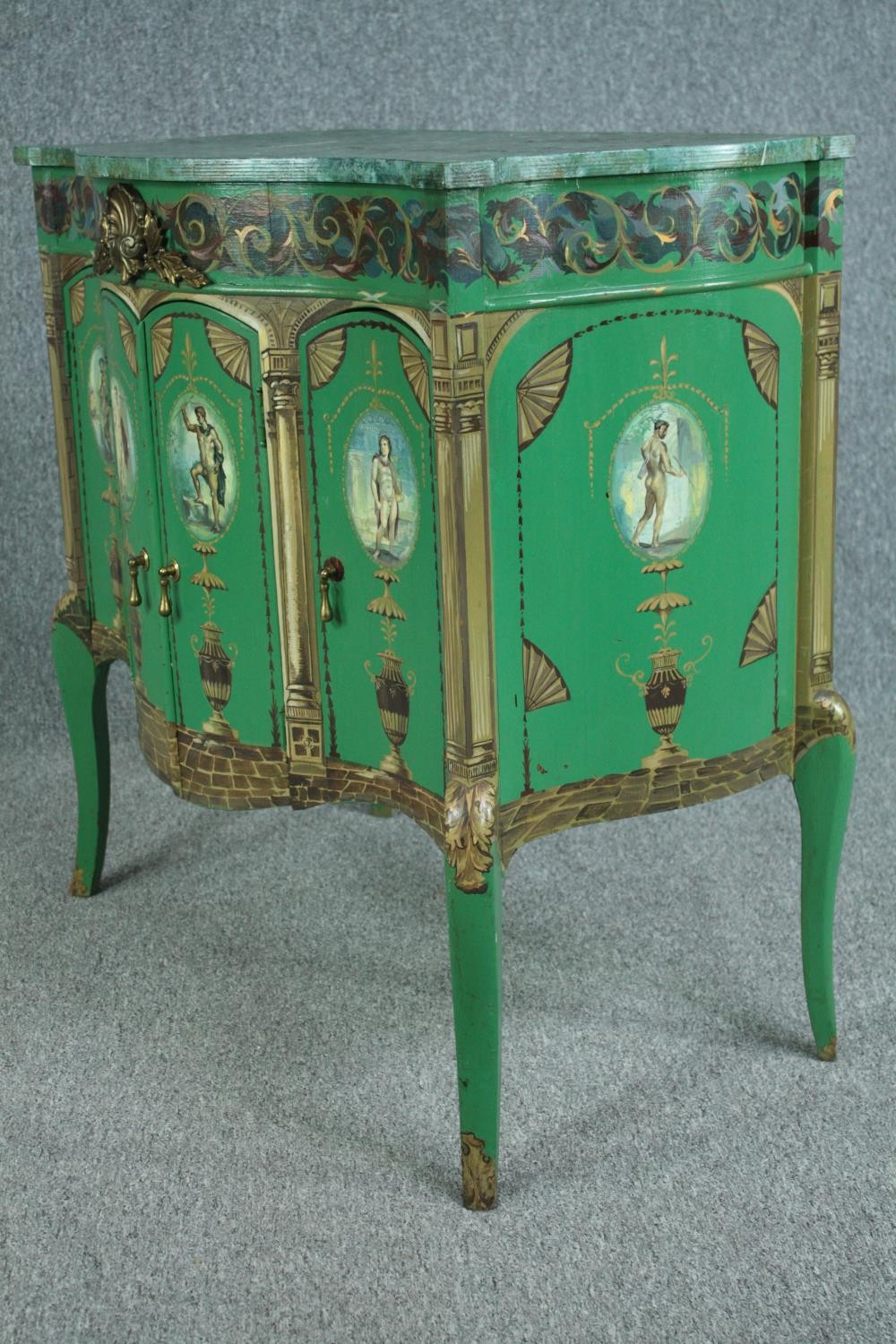 A vintage Louis XV commode cabinet with faux marble top and allover hand painted Classical style. - Image 2 of 6