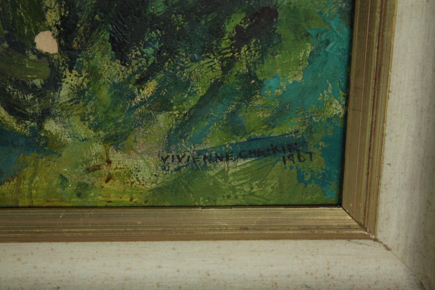 Vivienne Chaikin. Oil painting on board signed and dated 1967. Landscape with figure. A heavily - Image 3 of 4