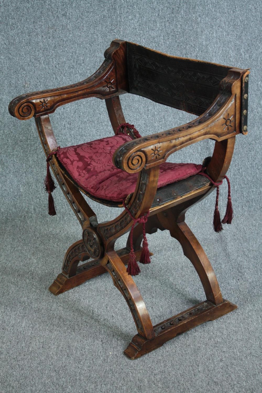 A C.1900 Continental x frame walnut folding armchair with leather seat and back. H.82cm. - Image 3 of 5