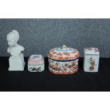 Vista Alegre porcelain. Three lidded pots and a bust. H.20cm. (largest)