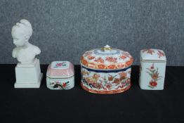 Vista Alegre porcelain. Three lidded pots and a bust. H.20cm. (largest)