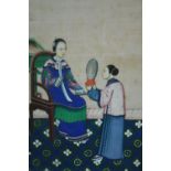 A Chinese painting on rice paper. The seated women with detailed patterned robes. Framed. Probably