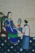 A Chinese painting on rice paper. The seated women with detailed patterned robes. Framed. Probably