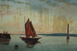 Watercolour painting signed 'R. Taylor' and dated 1921. A sailing boat and jetty. With visible