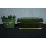 Two metal planters in a green finish and gilt trim. H.14 W.39 D.17cm. (largest)