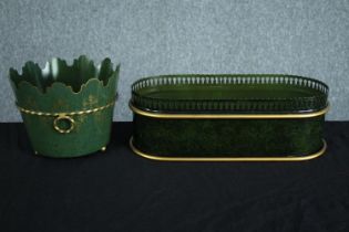 Two metal planters in a green finish and gilt trim. H.14 W.39 D.17cm. (largest)