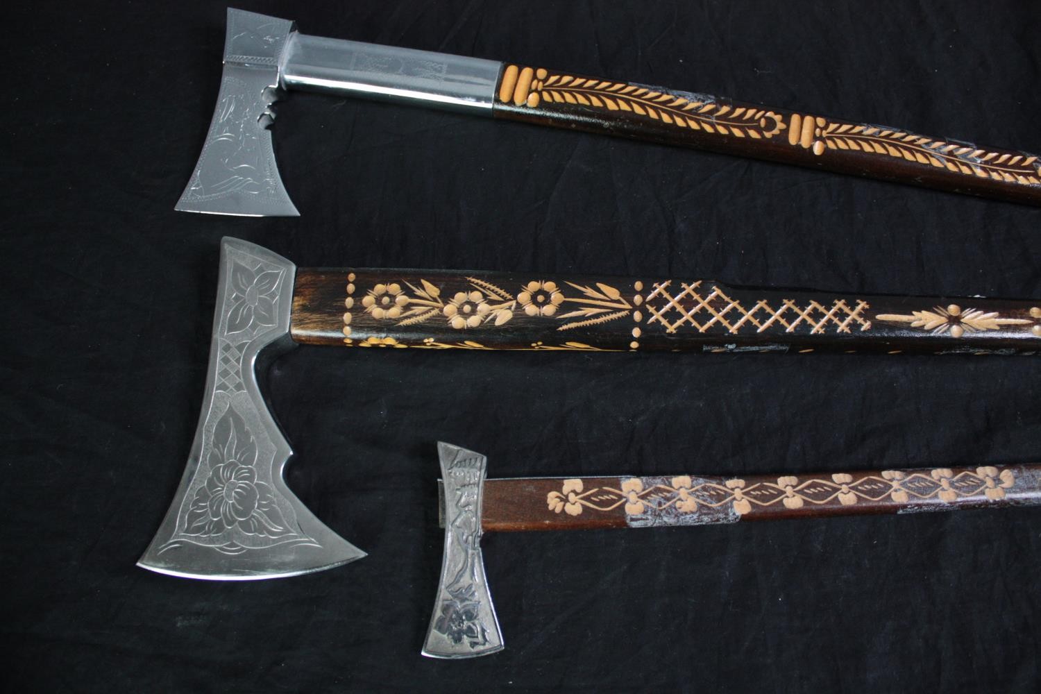 Three ceremonial Slovakian axes with etched handles and blades and spiked tips. One from the Forum - Image 2 of 6