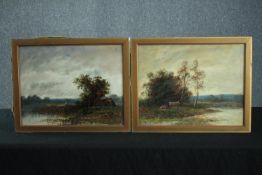 A pair of 19th century oil paintings. Landscapes with a lone figure and cattle. Appear to be by