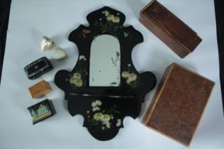 A mixed collection of trinket boxes, dominos and a mirror. Twentieth century. H.33 W.25cm. (largest)