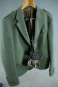 A medium-large men's green woollen tweed Scottish cutaway jacket and deer fur sporran.