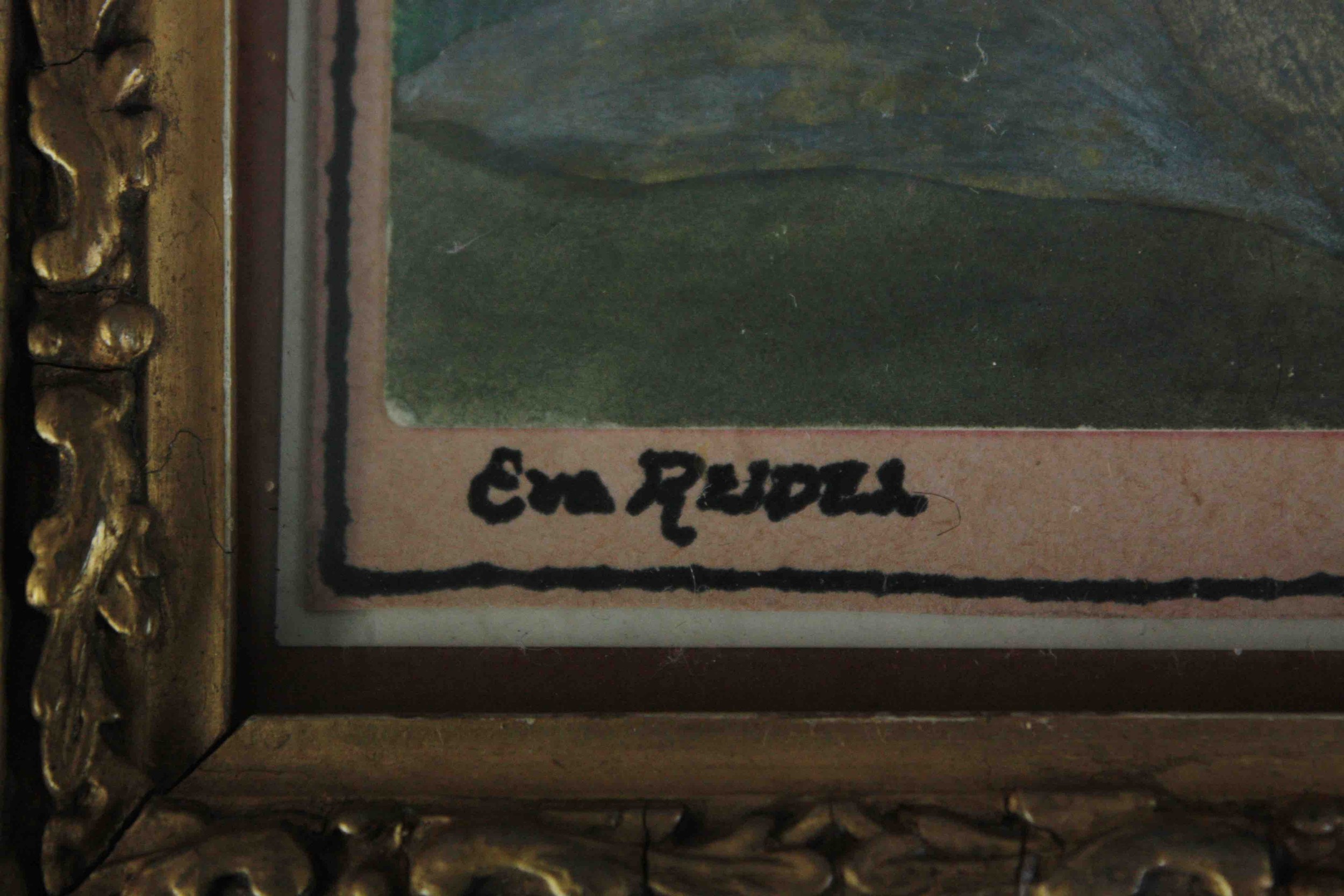 A small watercolour in a decorative gilt frame. Signed 'Eva Rendel' H.22 W.26 cm. - Image 3 of 4