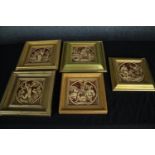 John Moyr Smith. Five framed Mintons tiles including 'Edward the Martyr'. H.27 W.27cm.