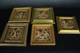 John Moyr Smith. Five framed Mintons tiles including 'Edward the Martyr'. H.27 W.27cm.