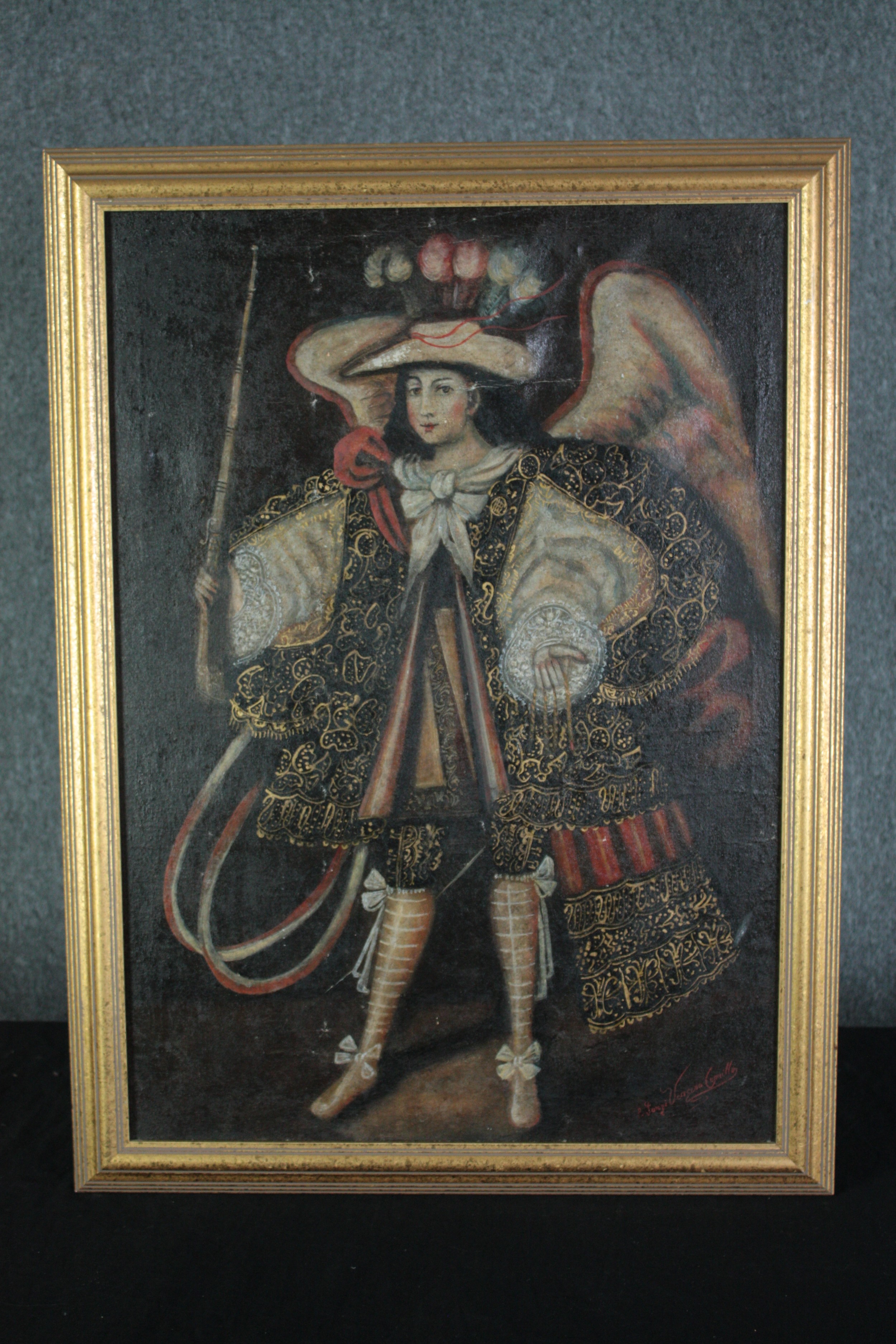 Cuzco school angel. Oil on board. Probably late nineteenth century. Angel in plumed hat and well - Image 2 of 4