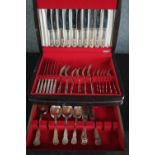 A vintage cased set of silver plated flexfit cutlery. H.16 W.40 D.31cm.