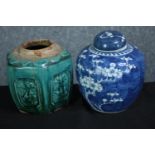Two Chinese ginger jars. One missing its lid and with a maker's mark on the base. Twentieth century.