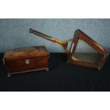 A Regency rosewood tea caddy and tennis racket with press. Antique The Marvel Fishtail Tennis Racket