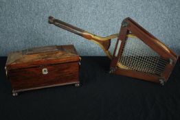 A Regency rosewood tea caddy and tennis racket with press. Antique The Marvel Fishtail Tennis Racket