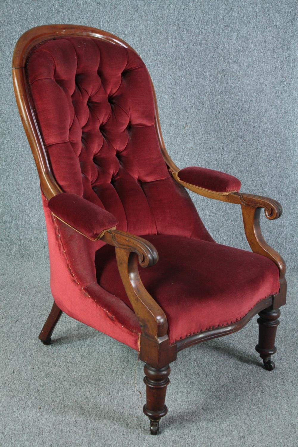 Library armchair, mid 19th century mahogany framed in deep buttoned upholstery. H.102cm. - Image 2 of 6