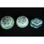 Three enamelled Chinese trinket boxes. Twentieth century. H.8 Dia.12cm. (largest)