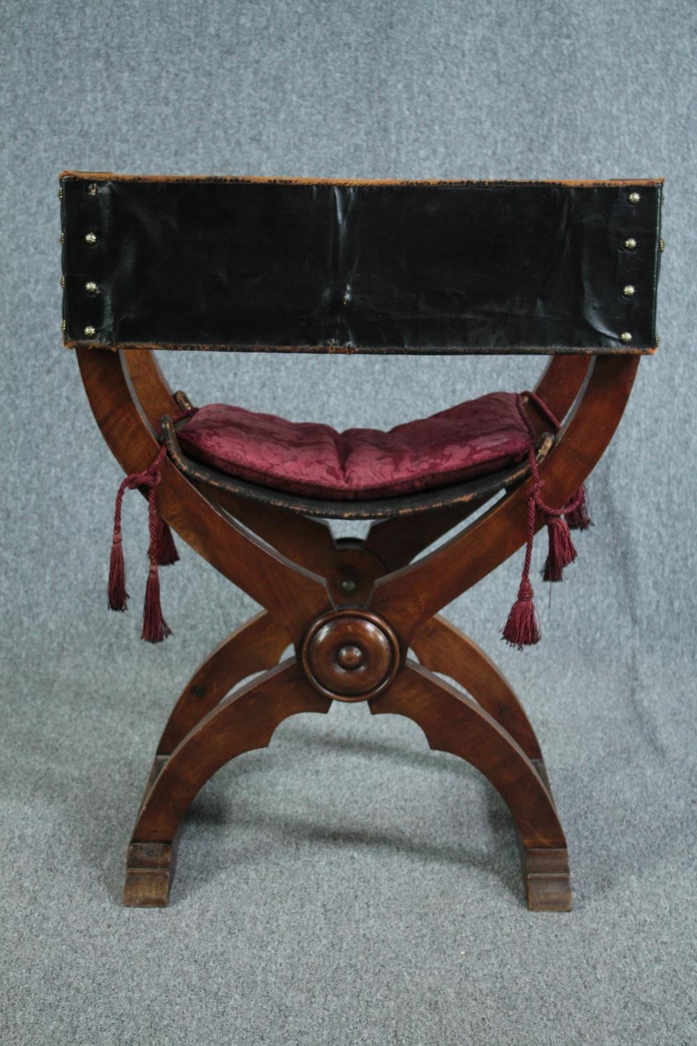 A C.1900 Continental x frame walnut folding armchair with leather seat and back. H.82cm. - Image 4 of 5