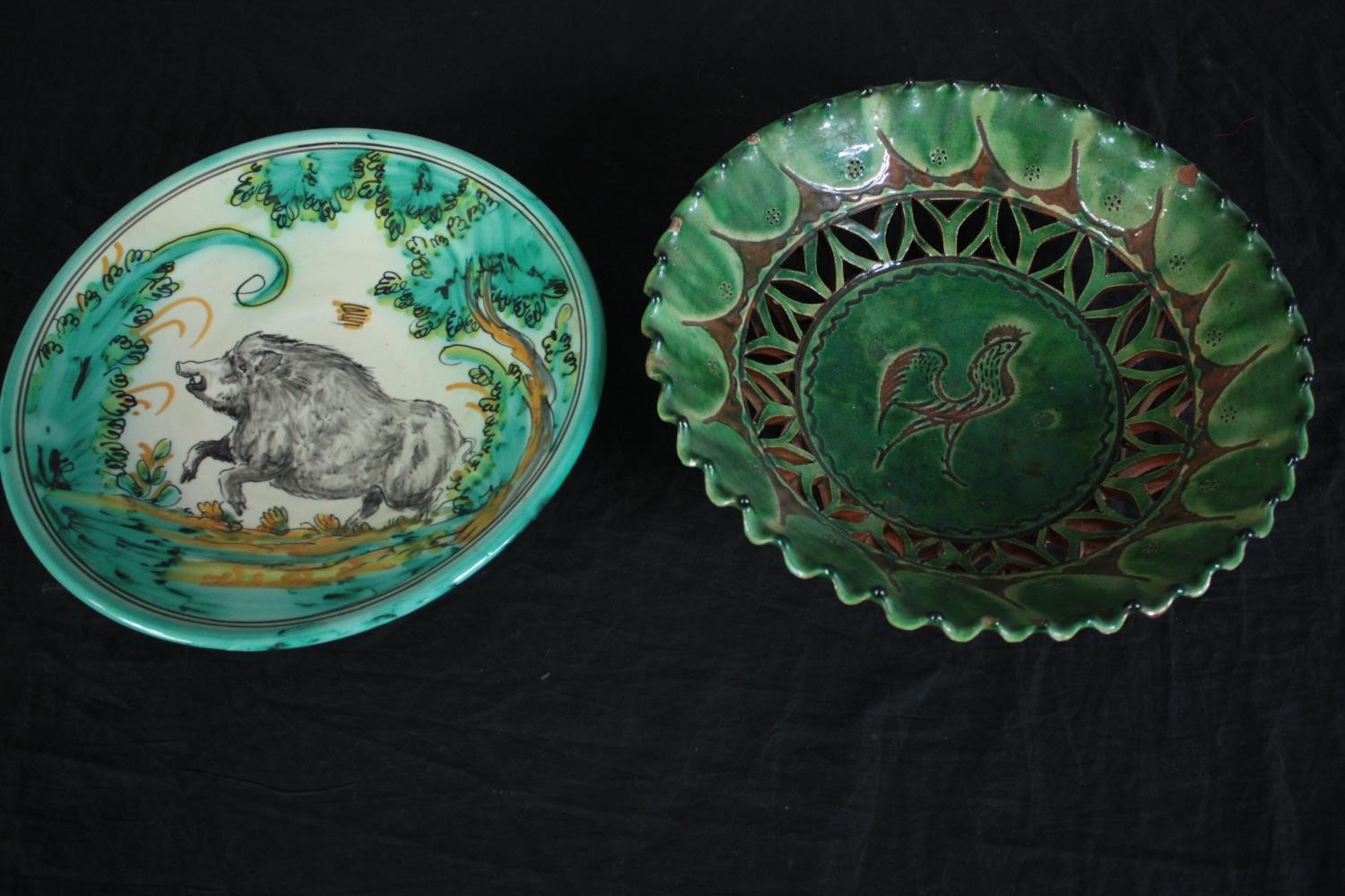 Two hand painted decorative plates with a wild boar and a chicken. Signed by the maker on the - Image 2 of 7
