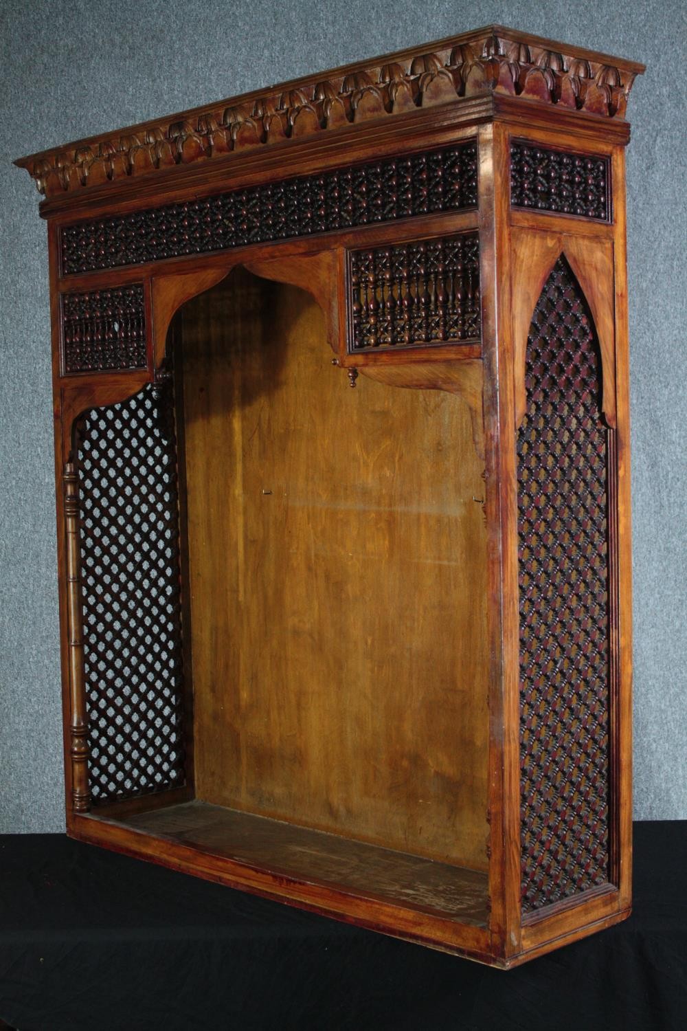 A North African style carved hardwood bookcase section. H.137 W.121 D.38cm. - Image 3 of 5