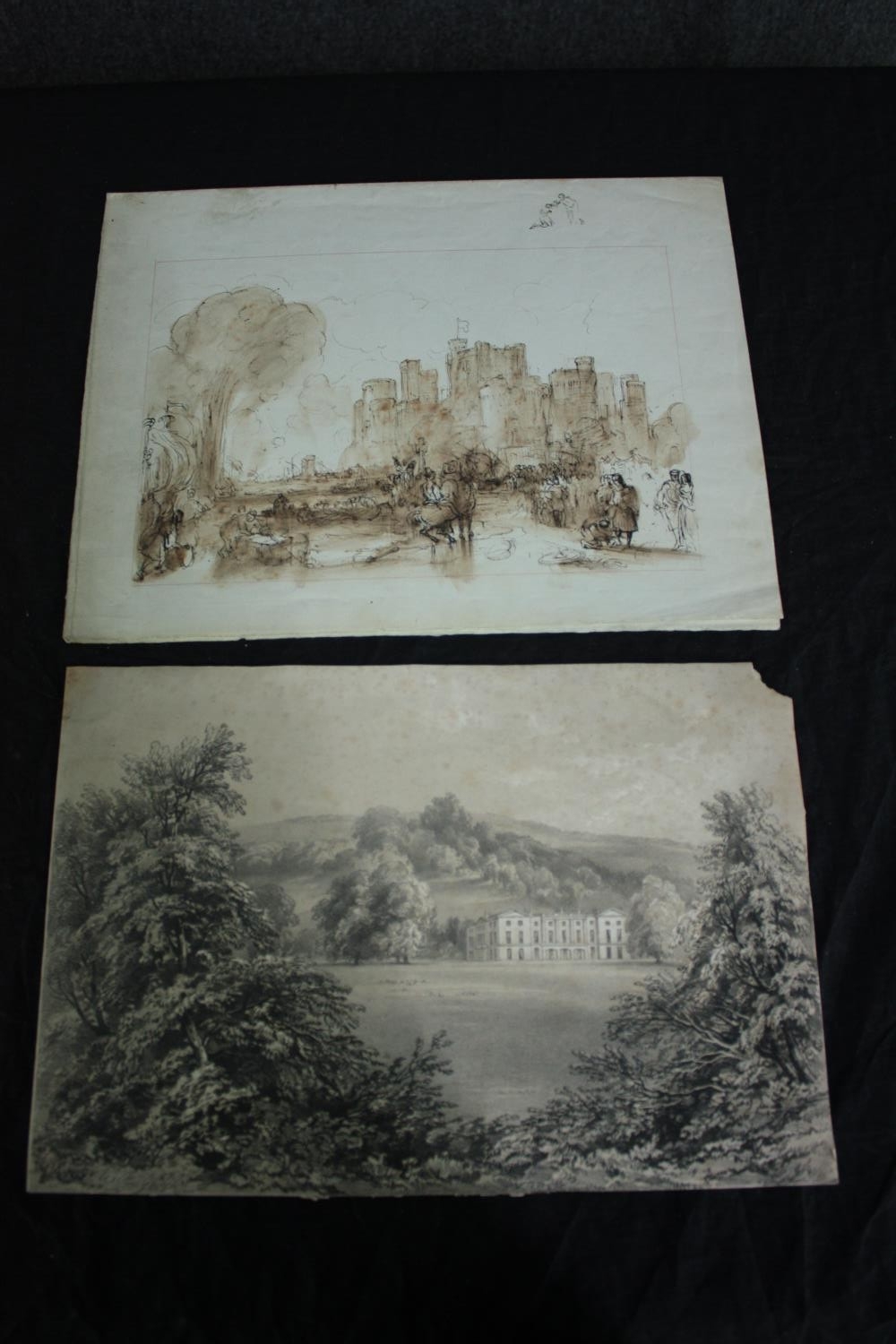 Two nineteenth century drawings. An ink wash castle scene and a well finished ink and pencil