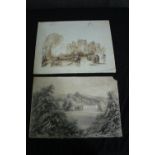 Two nineteenth century drawings. An ink wash castle scene and a well finished ink and pencil