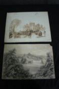 Two nineteenth century drawings. An ink wash castle scene and a well finished ink and pencil