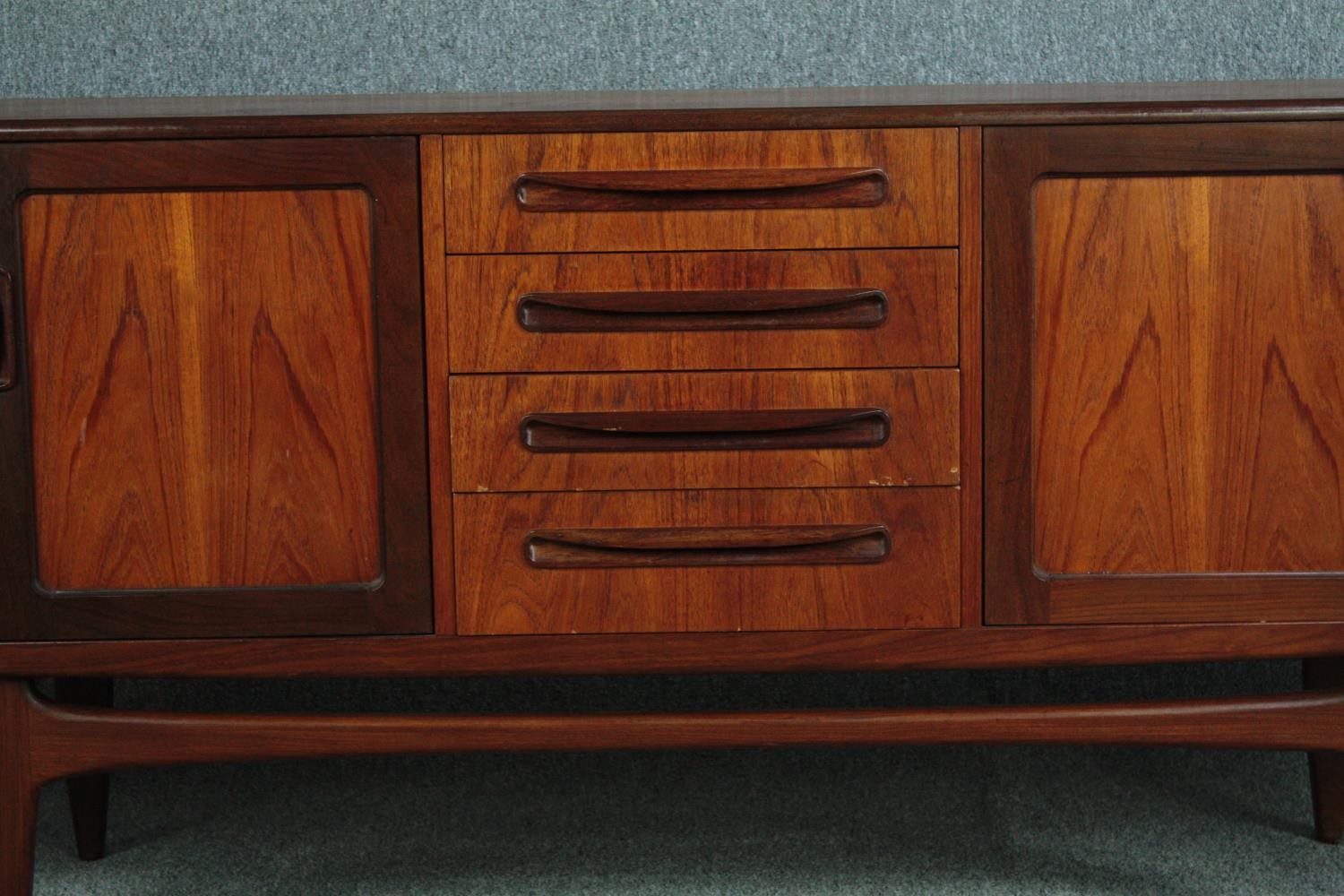 Sideboard, mid century teak by G-Plan with reinforced glass shelves. H.79 W.213 D.46cm. - Image 6 of 11