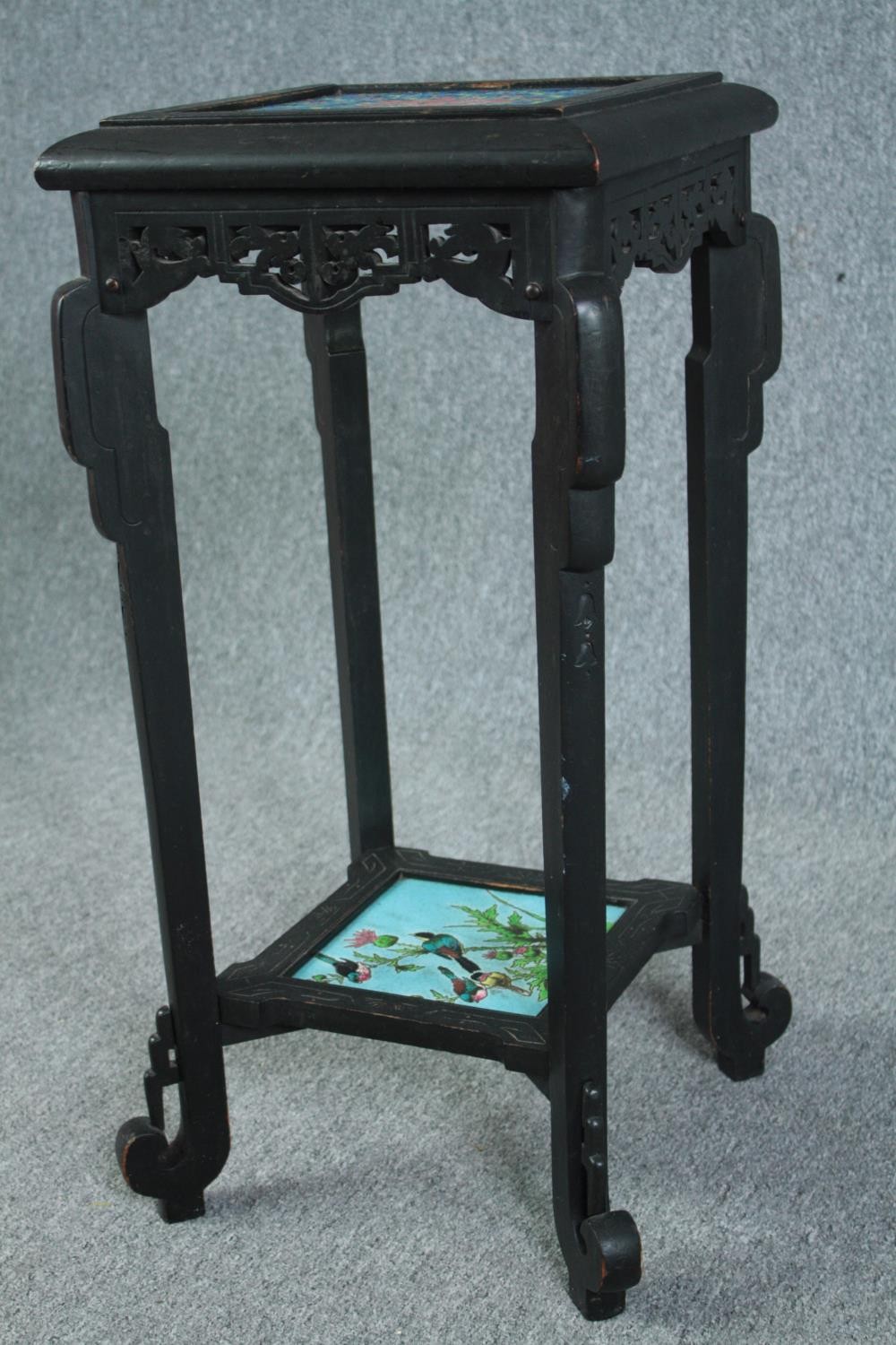 A late 19th century Chinese hardwood jardiniere stand with inset tiles to the top and undertier. H. - Image 5 of 5