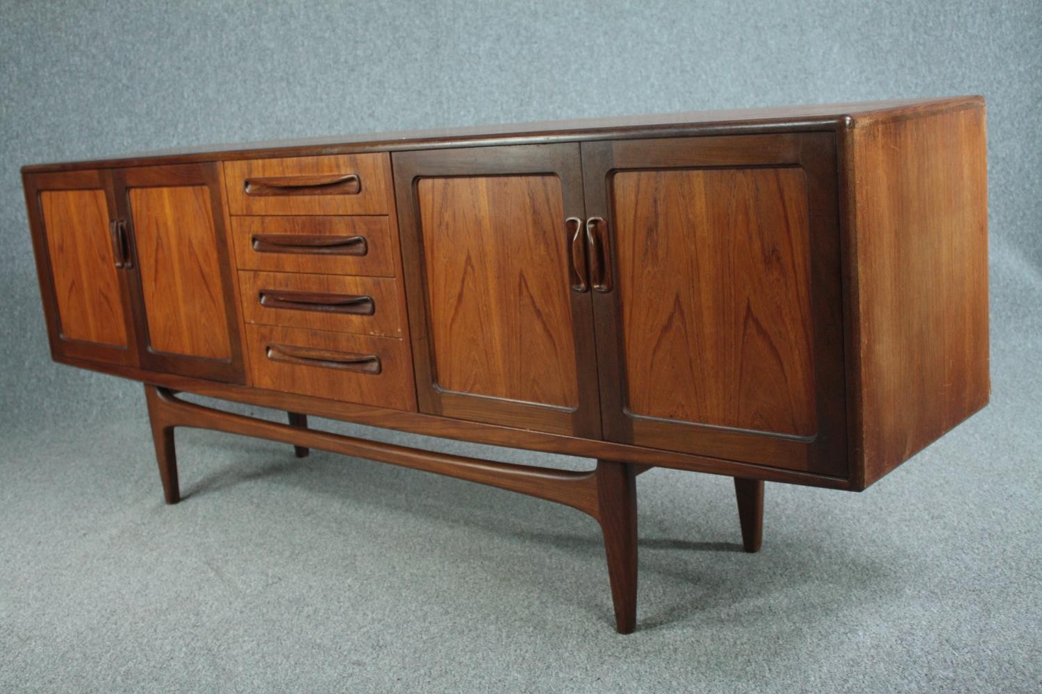 Sideboard, mid century teak by G-Plan with reinforced glass shelves. H.79 W.213 D.46cm. - Image 3 of 11