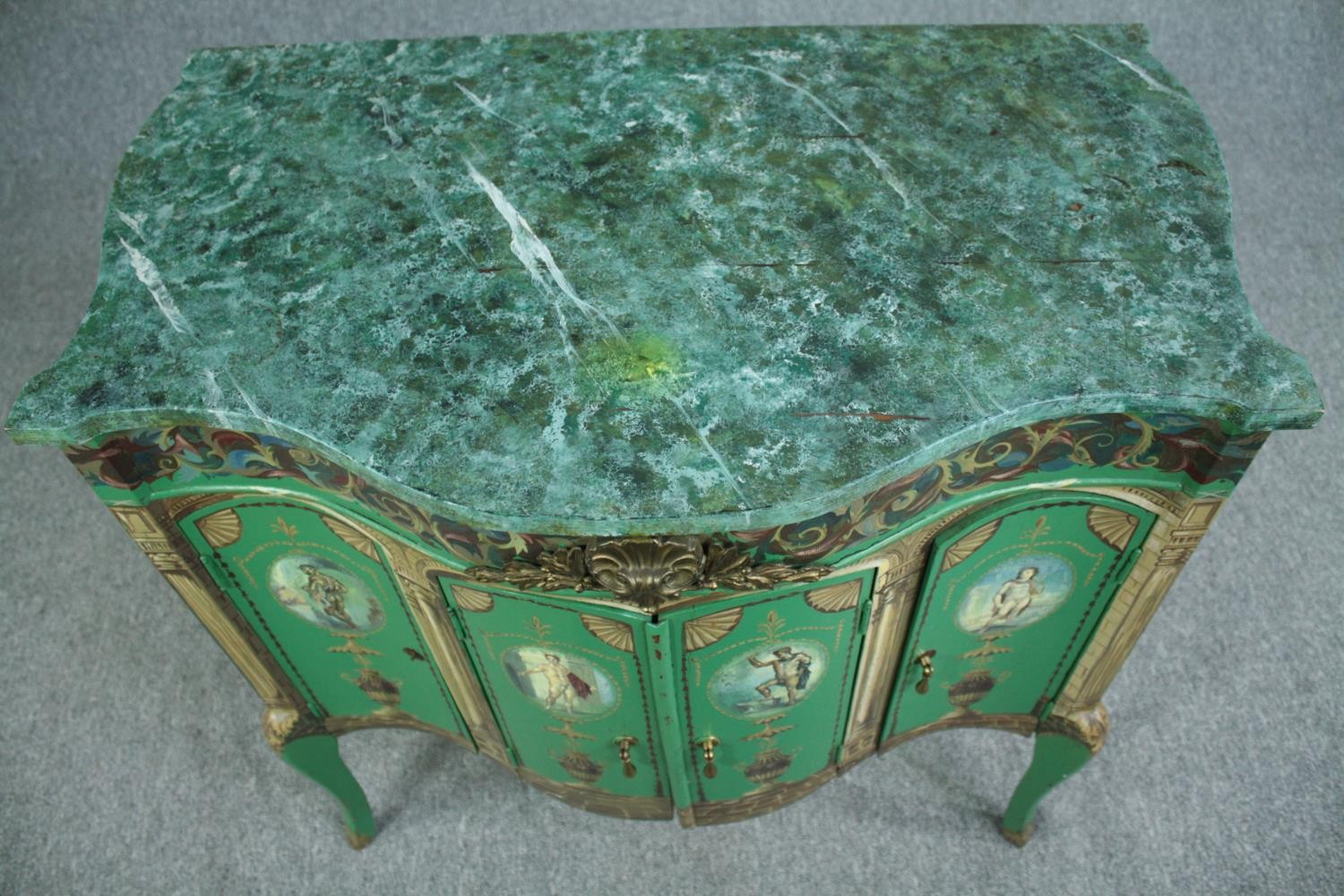 A vintage Louis XV commode cabinet with faux marble top and allover hand painted Classical style. - Image 5 of 6