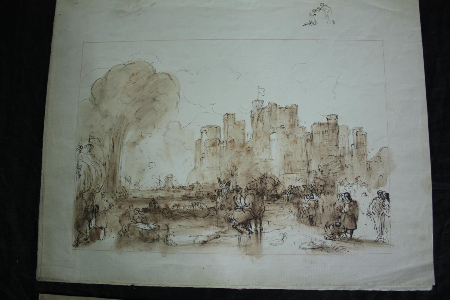Two nineteenth century drawings. An ink wash castle scene and a well finished ink and pencil - Image 3 of 8