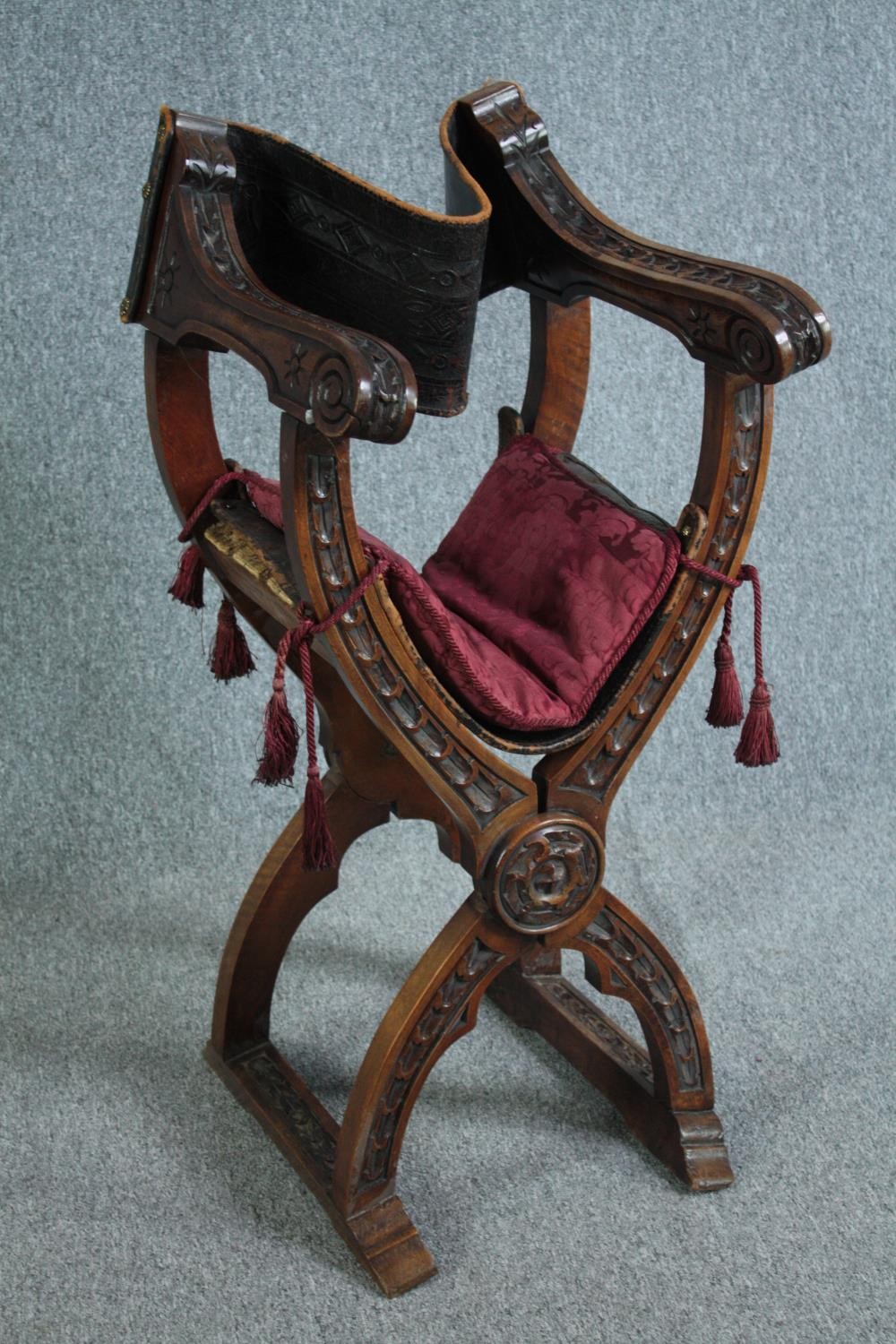 A C.1900 Continental x frame walnut folding armchair with leather seat and back. H.82cm. - Image 5 of 5