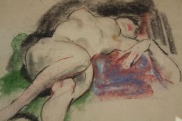 Pastel on paper. Reclining nude. Unsigned. In a well decorated gilt frame. H.57 W.62 cm.