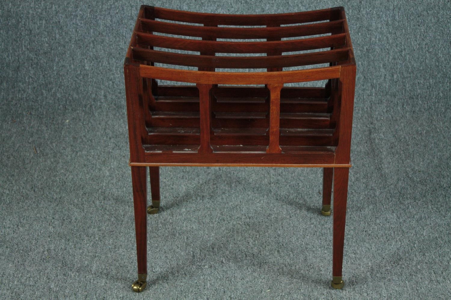 Canterbury magazine rack, mahogany Regency style. H.56 W.45 D.30cm. (Damage to one leg as shown).