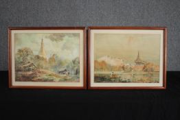 A pair of watercolours in matching frames. Asian scenes. signed indistinctly lower right. H.34 W.